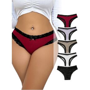 MakeMeChic Women's Plus Size 5 Pack Brief Lace Trim Bow Knot Rib Knitted Panties Underwear