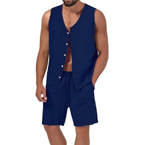 Aulemen Men's Linen Sets 2 Piece Outfits Tank Tops Summer Beach Casual Short Sleeve Hippie Shirts Matching Shorts Set