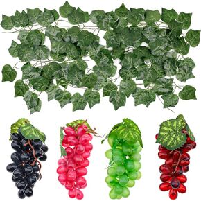 8 Bunches Artificial Grape with 6 Pcs Fake Grapes Vines Simulation Grapes Fruit Props for Indoor Wedding Party Cabinet Ornament Wall Decor