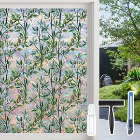 Window Privacy Film with Tools - Leaf Rainbow Stained Glass Window Cling, Anti-UV Sun Blocker & Heat Control Reusable Covering Tint Door Film for Home, Office, Bathroom, 17.5x78.7 Inch