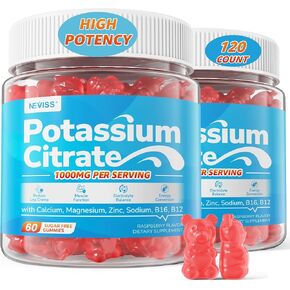 Potassium Citrate 1000mg Gummies, Potassium Supplement W/Magnesium, Calcium, Zinc, Sodium, Methyl B6, B12, Support Leg Cramps, Electrolyte Balance, Muscle Function, Energy Boost, Sugar Free, 120 Cts
