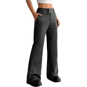 MakeMeChic Women's Striped Dressy Pants Straight Leg Work Office Long Trousers