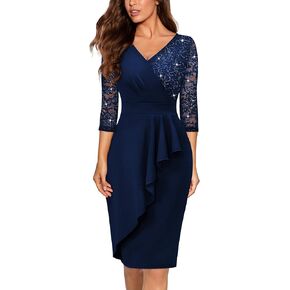 Miusol Women's Classy V-Neck Glitter Sequin Lace 3/4 Sleeve Cocktail Party Dress