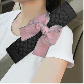 2 PCS Car Seat Belt Pads, Cute Bow Comfy Car Seatbelt Shoulder Strap Pads Covers, Leather Seatbelt Cushion Pads Suitable for Women Girls, Universal Car Interior Accessories (Pink)