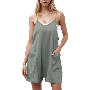 Rompers for Women Summer Casual Waffle Knit Sleeveless Rompers Loose Spaghetti Strap Shorts Jumpsuit with Pockets 2024,Light Gray,L