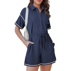 Dokotoo Womens 2025 Summer Casual Button Up Short Sleeve Drawstring Waist Shorts Jumpsuits Striped Rompers with Pockets