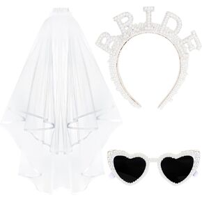 Wedding Bridal Veil for Brides White Pearl Headband Heart Sunglasses Glasses Accessories for Bachelorette Party Decorations Favors with Metal Comb (2 Tiers)