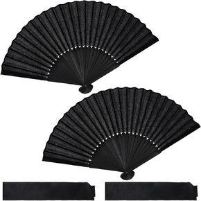 2 Pcs Folding Hand Fan, Black Silk Bamboo 15" Retro Chinese Japanese Style, Portable Vintage Cooling Fan for Gift, Wedding, Dance, Drag Queen Party