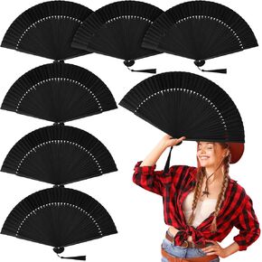 Thyle 6 Pcs Fans for Line Dancing Black Hand Folding Fan Bulk for Women, Vintage Rave Retro Chinese Japanese Charming Elegant, Music Festival Dance Performance Party Favor Decorations Gift