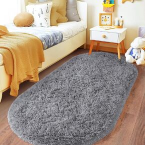 Fluffy Oval Rug for Bedroom 2.6x5.3, Shag Throw Rugs for Bedside, Ultra Soft Cute Plush Carpet for Girls Boys Room Living Room Nursery Dorm Home Decor, Cream White