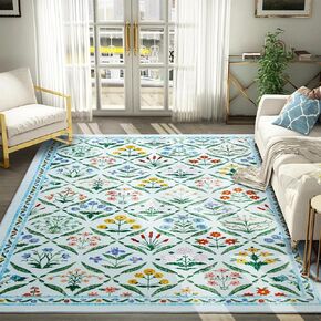 Vintage Floral Rugs, Ultra Thin Light Weight 4x6 Area Rugs Washable, Cute Retro Boho Botanical Area Rug for Bedroom Kitchen Dining Living Room Entryway Hippie Witchcraft Accent Indoor Floor Carpet