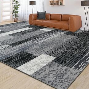 Indoor Runner Rug, Washable Runner Rug with Rubber Backing, Modern Geometric Patchwork Aesthetic Carpet for Bedroom, Living Room, Hallway, Entryway, Washable Rug Rockwood Collection, 2x6 Ft Grey