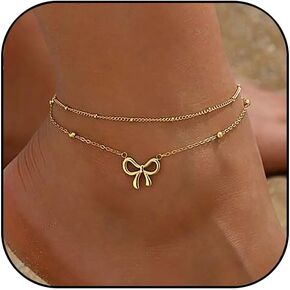 Gold Ankle Bracelets for Women 14k Gold Plated Bow Ankle Bracelets Dainty CZ Tennis Chain Anklets Cute Rhinestone Layered Bow Knot Anklet Set Fashion Summer Foot Jewelry for Women