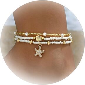 3 Pcs Shell Anklets Bracelets for Women Summer Sea Shell Starfish Ankle Bracelet Set Adjustable Handmade Boho Beaded Anklets Beach Surfer Foot Jewelry Accessories
