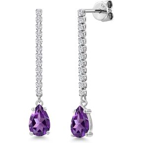 GEM Stone King 14K White Gold Gemstone Birthstone and White Lab Garwing Diamond Lond Lond Loner Seardrop Danger arocrings for Women | شكل الكمثرى 8x5mm | أقراط السلسلة الذهب البيضاء