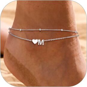 PROSILVER Ankle Bracelets for Women S925 Sterling Silver Anklets for Women Waterproof, Dainty Layered Heart Anklet, Beach Initial Anklet for Summer, Letter A-Z