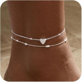 BERISO Gold/Silver Ankle Bracelets for Women,14K Gold Plated Anklets for Women Waterproof Pearl Heart Beads Evil Eye Rhinestone Anklets Set Layered Anklet Bracelets for Women Gold Jewelry
