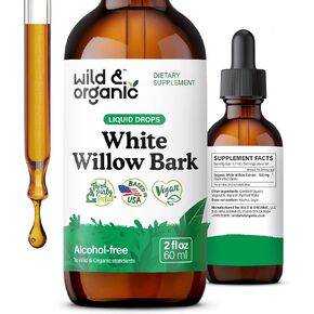 Wild & Organic White Willow Bark Extract Liquid Drops - Overall Well-Being Supplement - 500 mg White Willow Bark Herb Tincture - No Alcohol & Sugar, Non-GMO - 2 fl oz