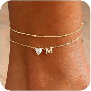 CAROVO Gold Ankle Bracelets for Women Waterproof 14K Real Gold Plated CZ Initial Anklet for Women Dainty Layered Letter A-Z Heart Ankle Bracelets Handmade Adjustable Anklet Summer Beach Jewelry