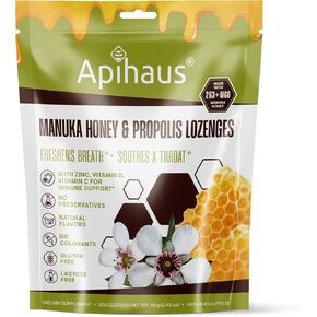 Manuka Honey and Propolis Lozenges Eucalyptus Flavor, Freshens Breath - Soothes a Throat- Immune Support with Vitamin C, Vitamin D and Zinc, 20 Count