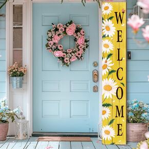 Spring Summer Welcome for Front Porch Standing, Daisy Wooden Porch Sign for Front Door Decorations, Rustic Farmhouse Hanging Wall Sign for Spring Home Decor, 47.2"H
