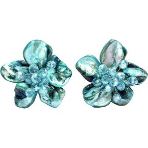 Aeravida Natural Floral Beauty Blue Mother of Pearl Clip على الأقراط | يدويًا غير مصنوع من مجوهرات البيان الأزهار للنساء | أقراط الصيف القزحية الصيفية | ملحق نمط بوهو على شاطئ