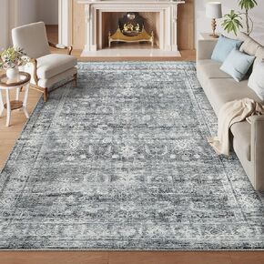 Washable Rug 8x10 Feet, Non Slip Backing Area Rugs for Living Room, Boho Vintage Design Area Rug, Bedroom Rug, Home Decor, Farmhouse, Dining Room, Home Office, Grey and Black