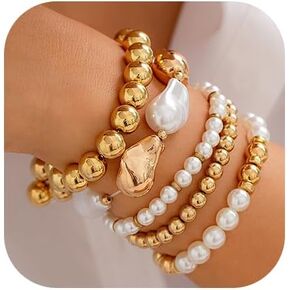 Gold Beaded Bracelets for Women Pearl Beaded Bracelets Silver Stackable Strand Stretch Bead Ball Bracelet Jewelry