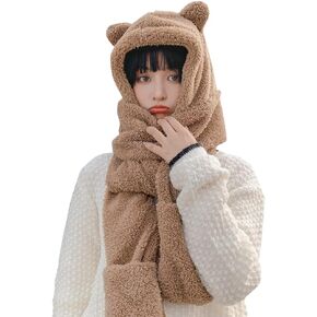 Womens Winter Warm Plush Hooded Hat Scarf Gloves Set Multi-Functional Warm Animal Pocket Hat Long Scarf Shawl (White)