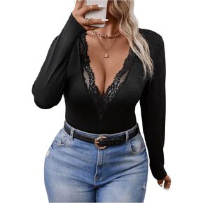 SOLY HUX Women's Plus Size Long Sleeve Bodysuit Sexy Lace Trim Deep V Neck Leotard Tops