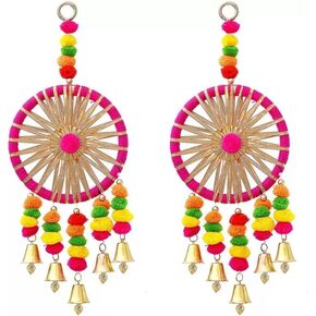 Pack of 5 Handmade Woollen Colorful Pom Pom Bells Decorative Side Door Hangings for Home Decoration (16 Inches)