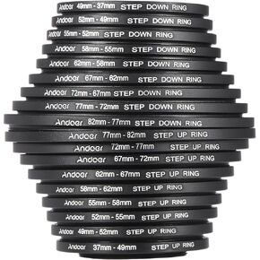 Filter Ring Adapter, Andoer 18pcs Camera Lens Filter Metal Adapter Ring Kit (9pcs Step Up Set & 9pcs Step Down Ring Set)