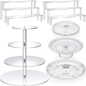 6 Pcs Acrylic Cake Stands Set Include 2 Pcs Display Risers 1 Pcs 4 Tier Cupcake Tower and 3 Clear Round Dessert Trays Cake Table Holder for Wedding Baby Shower Tea Party Decoration (Round)