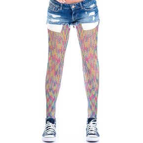 Cool Breeze Plush Mesh Neon Tights: High-Waisted Small Net Multicolor Pantyhose with Cool Tint Accents, Soft Thread, One Size (S/L size)