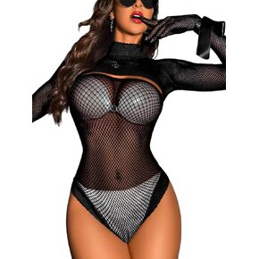Fishnet Bodysuit,2 Piece Strapless Lingerie Body Suits & Long Sleeve Shrug,Sexy Rave Outfits For Women