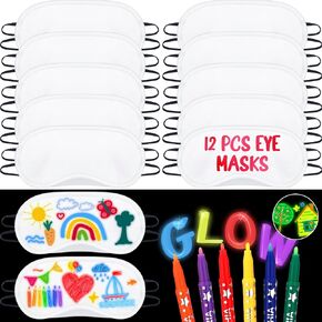 18 Pcs Sleepover Party Supplies, 12 Eye Masks and 6 Glow in The Dark Marker Pens, White Soft Shade Blindfold Eye Covering for Pajama Spa Slumber Party Games Decoration Color The Bulk Stuff
