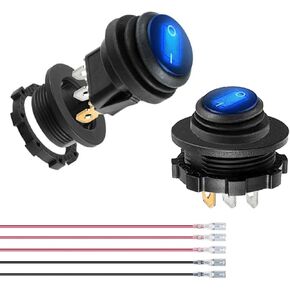 2PCS Waterproof Round Rocker Switches with Shell - 20A 12 Volt Blue Lighted Rocker Toggle Switch SPST 3 Pin Marine On Off Switch - Automotive Power Switches with Wires for Car RV Truck Boat