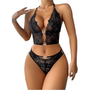 WDIRARA Women's Two-piece Floral Embroidered Lace Mesh Halter Backless Lingerie Set with Panties