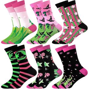 Haysandy 6 Pairs Witch Pink Green Novelty Socks Women's Crew Fun Gifts Socks for Witch Lover Musical Theater Fans Gifts Family and Friends