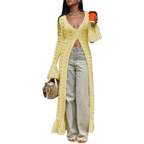 Crochet Cardigans for Women Hollow Out Knitted V Neck Long Sleeve Button Up Beach Cover Up Vacation Maxi Dress