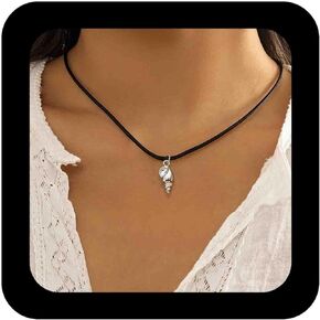 Andelaisi Boho Leather Choker Black Leather Cord Necklace Gothic Suede Necklace Silver Conch Collar Short Collarbone Chain for Women