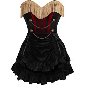 Daisy Corsets Womens 2 PC Black & Red Velvet w/Fringe Steel Boned Boned Corset & Skirt Set Bustier Dress