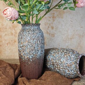 9.6-inch Large Retro Ceramic Vase, Blue Bubble Glazed High Vase, Country Brown Matte Finish,Farmhouse Dining Table Decoration,Retro Home Decoration,Unique Concave Convex Texture