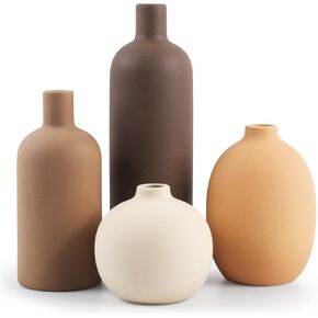 Ceramic Neutral Vase Set of 4 for Farmhouse Home Decor, Rustic Decorative Vases for Boho Living Room Centerpieces, Entryway Decorations, Coffee Table, Bookshelf, Fireplace Mantel