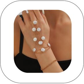 Vintage Pearl Slave Bracelet with Finger Ring Punk Link Chain Crystal Harness Bracelet Bridal Wedding Hand Jewelry Prom Party Belly Dance Accessories for Women