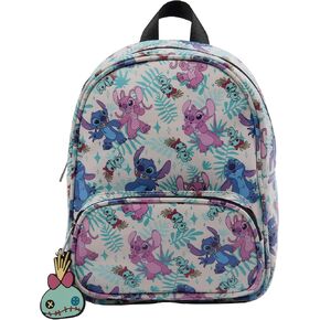 Disney Stitch & Angel Mini Backpack with Allover Print & Molded Scrump Dangle, 10.5 Inches, Adjustable Straps, Faux Leather