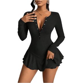 WDIRARA Women's Button Down Long Sleeve Ruffle Romper Rib Knit Short Jumpsuit