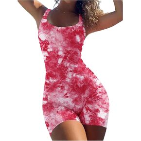 WDIRARA Women's Tie Dye Sleeveless Bodycon Romper Scoop Neck Casual Workout Shorts Jumpsuit Onesies