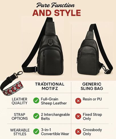 Genuine Leather Sling Bag for Men - Black Sling Purse, Leather Crossbody Bags for Men, Cross body bags for Women in Kuwait