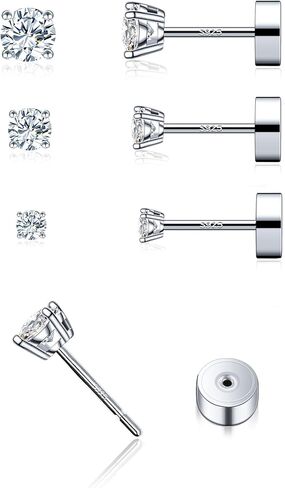 3 Pairs Moissanite Stud Earrings for Women & Men, Sterling Silver Hypoallergeni Design, Flat Back, Cartilage Helix Piercing Earring, D Color VVS1 Moissanite Earrings Set, 18K White Gold Plated in Saudi Arabia